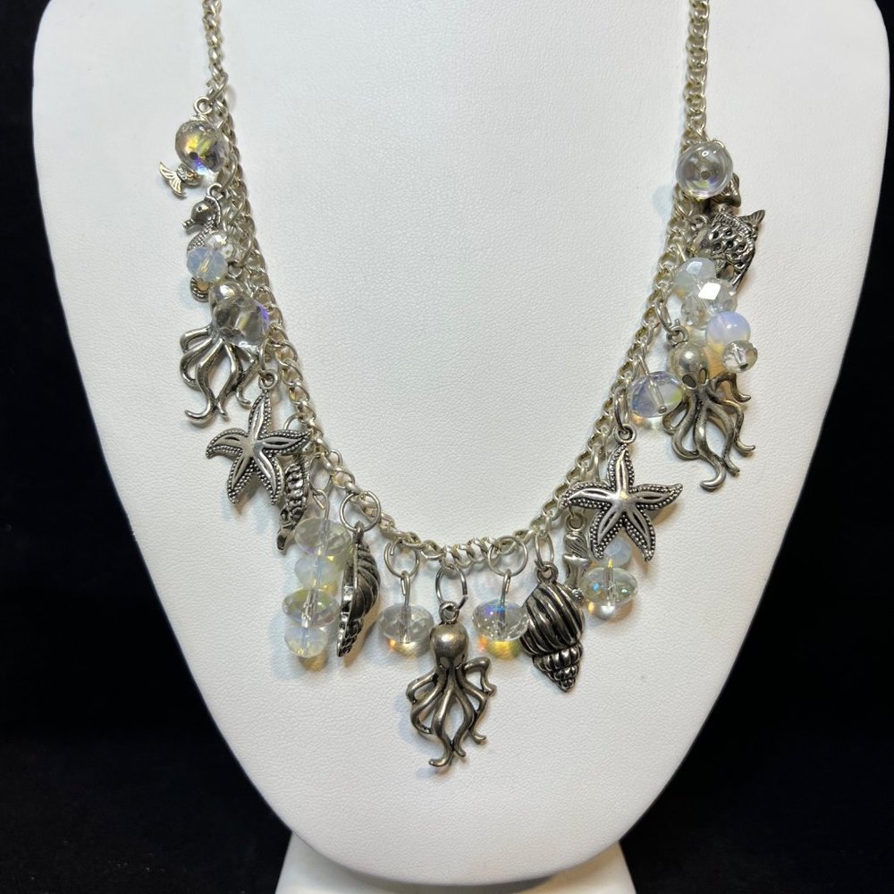 Silver Tone Curb Chain Necklace W/Beach Theme Charms (3745)